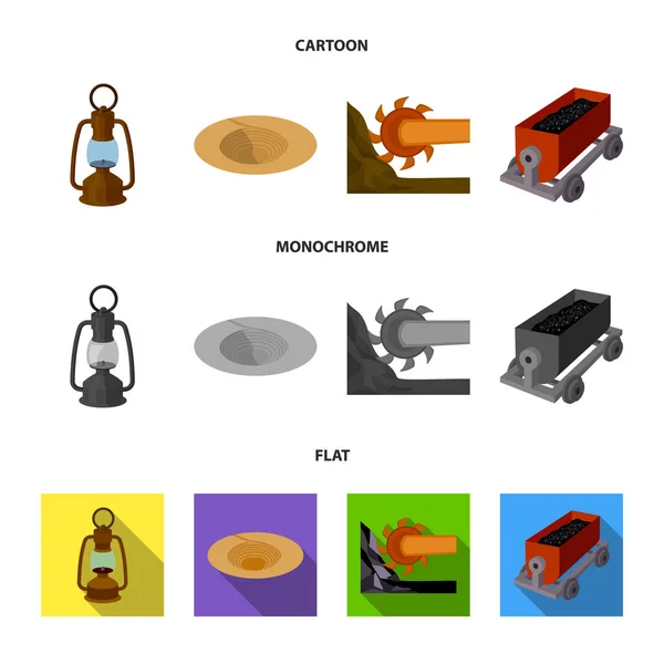 Una lámpara de minero, un embudo, una combinación minera, un carro con ore.Mining iconos de colección conjunto de la industria en dibujos animados, plano, monocromo símbolo de vectores de estilo tela de ilustración . — Vector de stock