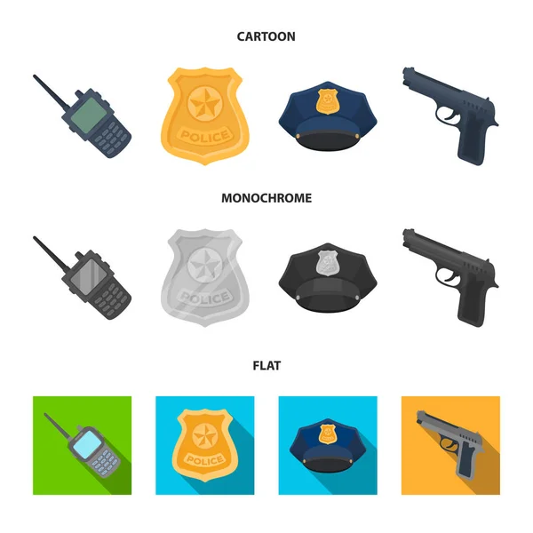 Radio, politieagent badge, uniforme GLB, pistool. Politie set collectie iconen in de tekenfilm, plat, zwart-wit stijl vector symbool stock illustratie web. — Stockvector