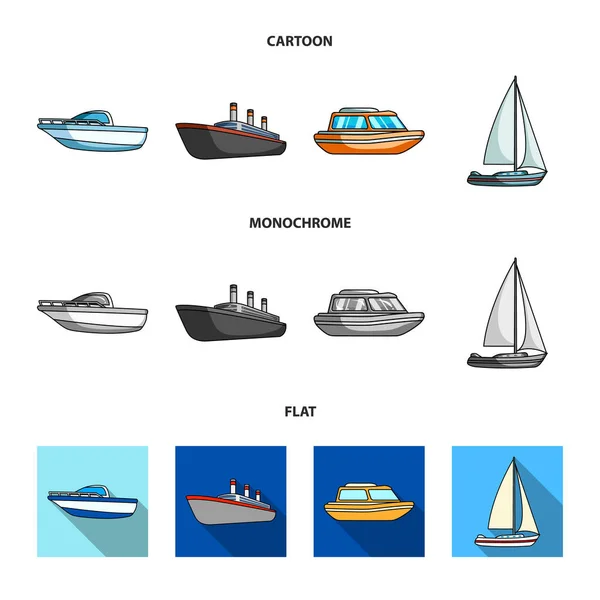 เรือป้องกัน, เรือชูชีพ, เรือบรรทุกสินค้า, เรือสปอร์ต.เรือและการขนส่งทางน้ําชุดสะสมไอคอนในการ์ตูน, แบน, สัญลักษณ์เวกเตอร์สไตล์โมโนโครม . — ภาพเวกเตอร์สต็อก