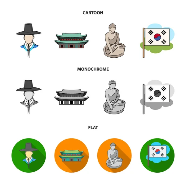 Coreano en tocado nacional, monasterio coreano, estatuilla de Buda, bandera nacional. Corea del Sur conjunto de iconos de colección en dibujos animados, plano, monocromo estilo vector símbolo stock ilustración web . — Vector de stock