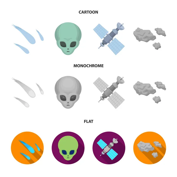 Астероид, машина, метеорит, космический корабль, станция с солнечными батареями, лицо инопланетянина. Иконки коллекции космических наборов в мультипликационном, плоском, монохромном стиле . — стоковый вектор