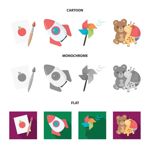 Детские игрушечные мультфильмы, плоские, монохромные иконы в коллекции наборов для дизайна. Игры и безделушки векторные символы веб-иллюстрации . — стоковый вектор