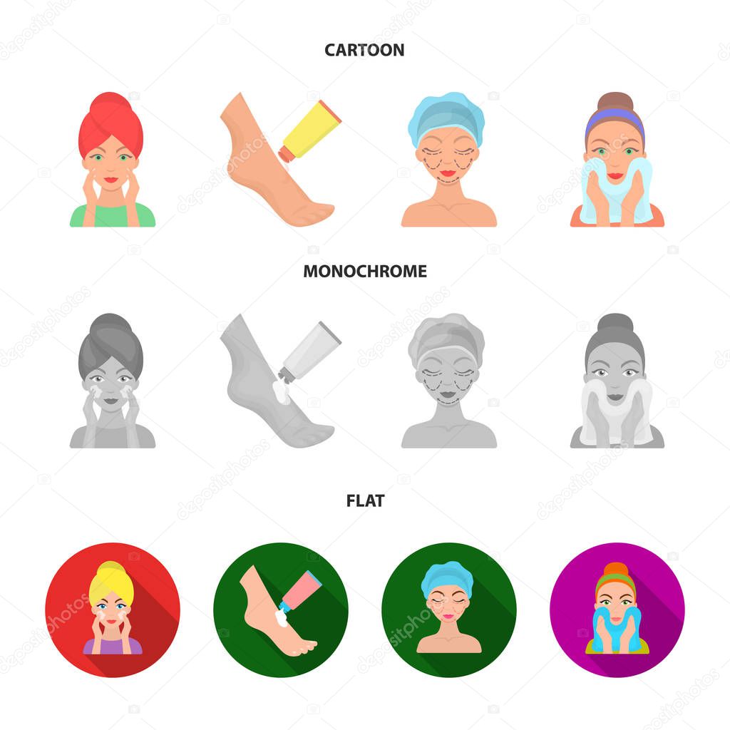 Face care, plastic surgery, face wiping, moisturizing the feet. Skin Care set collection icons in cartoon,flat,monochrome style vector symbol stock illustration .