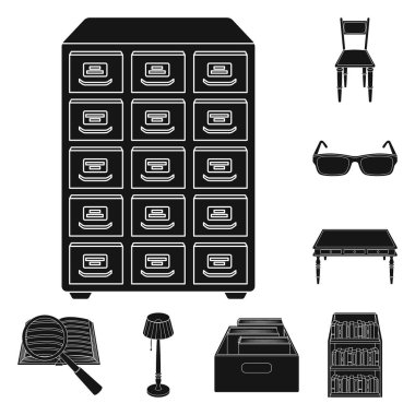 Siyah set koleksiyonu tasarım için simgeler Kütüphane ve kitabevi. Kitap ve mobilyalar sembol stok web illüstrasyon vektör.