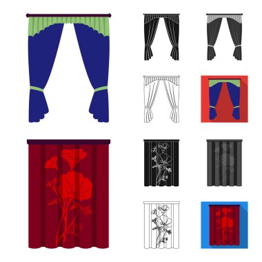 Perdeleri çizgi film, siyah, düz, tek renkli, farklı türde set koleksiyonu tasarım için simgeleri anahat. Perdeler ve Saçakların sembol stok web illüstrasyon vektör.