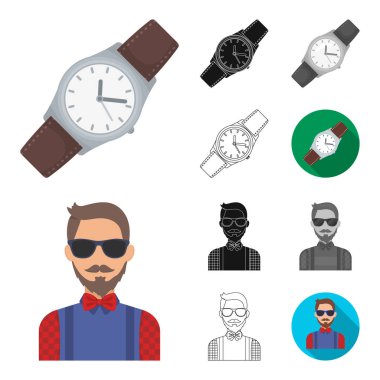 Hipster çizgi film, siyah, düz, tek renkli stil, set koleksiyonu tasarım için simgeleri anahat. Sembol stok web illüstrasyon vektör hipster öznitelikleri ve aksesuarları.