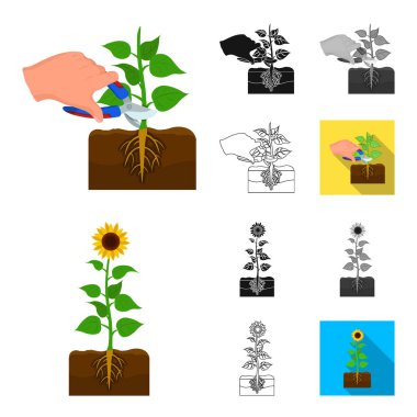 Çiftlik ve tarım çizgi film, siyah, düz, siyah-beyaz anahat simgeleri set koleksiyonu tasarım için. Bahçe ve bitki izometrik vektör simge stok web çizim.