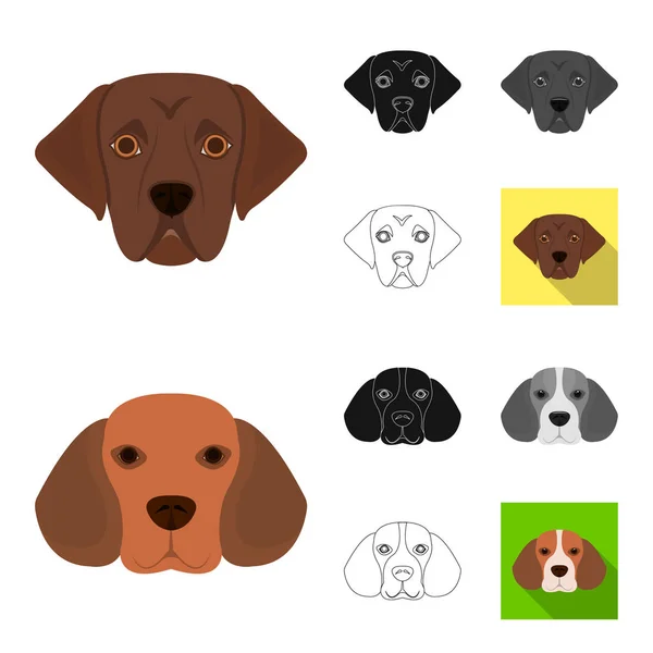 Perro razas de dibujos animados, negro, plano, monocromo, iconos de contorno en la colección de conjuntos para design.Muzzle de un perro vector símbolo stock web ilustración . — Vector de stock