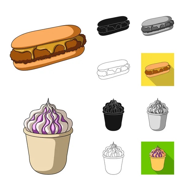 Fast food cartoon, preto, plano, monocromático, ícones de contorno na coleção de conjuntos para design.Food de produtos semi-acabados símbolo vetorial web ilustração . —  Vetores de Stock