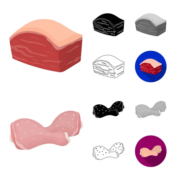 Diferentes dibujos animados de carne, negro, plano, monocromo, iconos de contorno en la colección de conjuntos para el diseño. Carne producto vector símbolo stock web ilustración . — Vector de stock