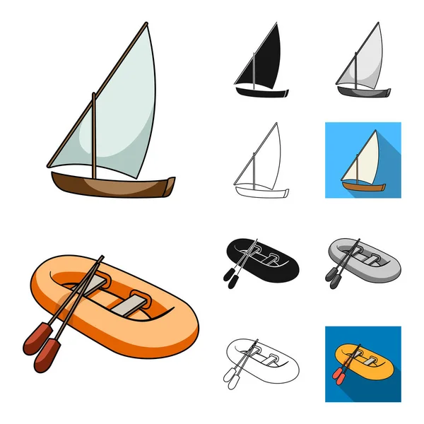 Water en zee transport tekenfilm, zwart, plat, zwart-wit, schetsen van pictogrammen in set collectie voor design. Een aantal boten en schepen symbool voorraad web vectorillustratie. — Stockvector