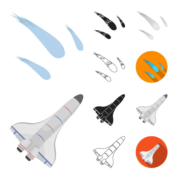 Desenhos animados tecnologia espacial, preto, plano, monocromático, ícones esboço na coleção de conjuntos para design.Spacecraft e equipamentos símbolo vetorial ilustração web estoque . — Vetor de Stock