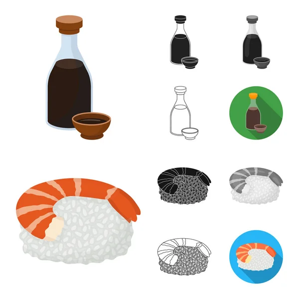Sushi y condimentos de dibujos animados, negro, plano, monocromo, iconos de contorno en la colección de conjuntos para el diseño. Alimentos de mariscos, accesorio vector símbolo stock web ilustración . — Vector de stock