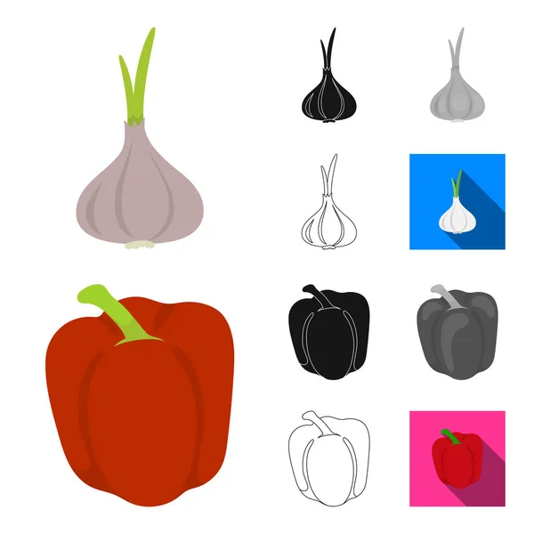 Diferentes tipos de dibujos animados vegetales, negro, plano, monocromo, iconos de contorno en la colección de conjuntos para el diseño. Vegetales y vitaminas vector símbolo stock web ilustración . — Vector de stock