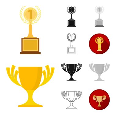 Gold Cup çizgi film, siyah, düz, siyah-beyaz anahat simgeleri set koleksiyonu tasarım için. Kazananlar Kupası vektör simge stok web çizim.