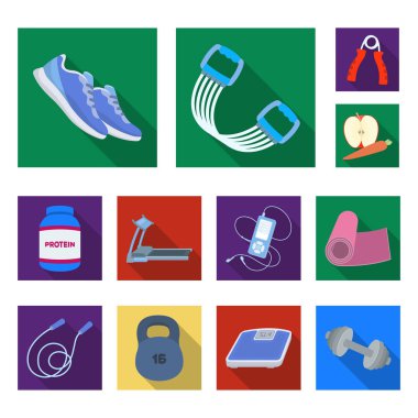 Spor salonu ve eğitim düz simgeler set koleksiyonu tasarım için. Spor salonu ve ekipmanları sembol stok web illüstrasyon vektör.
