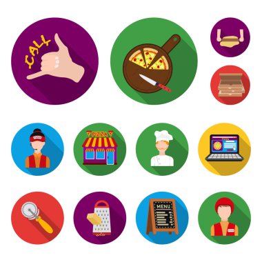 Pizza ve pizza düz simgeler set koleksiyonu tasarım için. Personel ve ekipman sembol stok web illüstrasyon vektör.