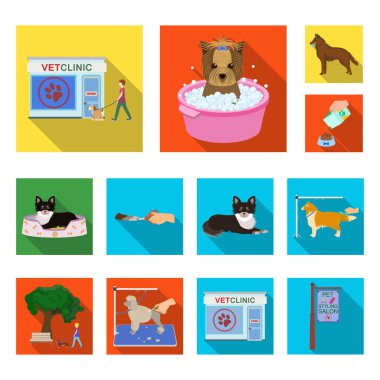 Set koleksiyonu tasarım için evde beslenen hayvan düz simgeler. Bakım ve eğitim sembol stok illüstrasyon vektör.