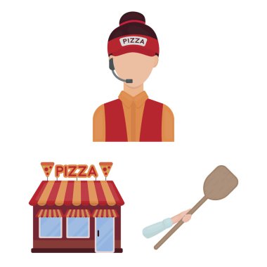 Set koleksiyonu tasarım için pizza ve pizza karikatür simgeler. Personel ve ekipman sembol stok web illüstrasyon vektör.