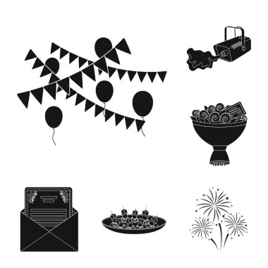 Set koleksiyonu tasarım için olay organizasyon siyah simgeler. Kutlama ve öznitelikleri sembol stok web illüstrasyon vektör.