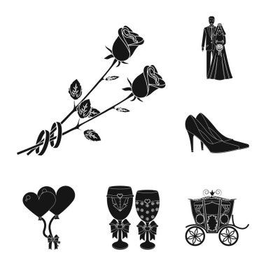 Düğün ve öznitelikleri set koleksiyonu tasarım için simgeler siyah. Sembol stok web illüstrasyon vektör yeni evliler ve aksesuarları.