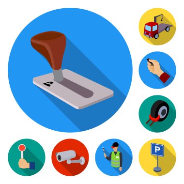 Arabalar için set koleksiyonu tasarım için düz simgeler otopark. Ekipman ve hizmet vektör simgesi web illüstrasyon stok.