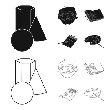 Geometrik natürmort, sanatçı, çizimleri ile bir dizüstü bilgisayar, bir kutu renkli kalemler kendi portresi. Hisse senedi illüstrasyon sanatçı ve çizim küme koleksiyon simgeler siyah, anahat stili vektör simgesi