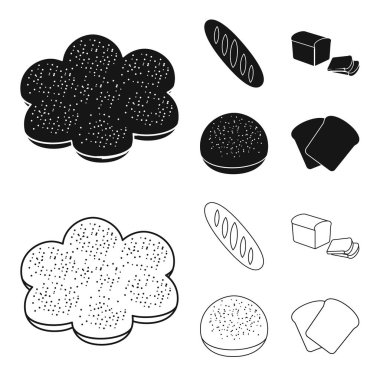 Somun, kesilmiş ekmek rulo ile toz, ekmek pişirme, yarısı. Ekmek toplama simgeler siyah, anahat stili vektör simge stok illüstrasyon ayarla. .