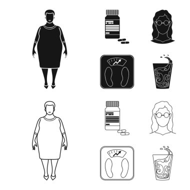 Tam kadın, gözlüklü bir kız, bir terazi ile mükemmel sonuç. Diabeth toplama simgeler siyah, anahat stili vektör simge stok çizim web içinde ayarla..