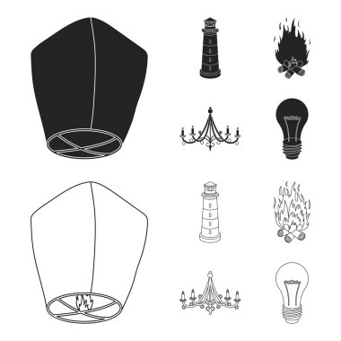 Işık bir fener, bir deniz feneri, bir yangın, mumlar ile bir avize. Işık kaynağı toplama simgeler siyah, anahat stili vektör simge stok çizim web içinde ayarla..