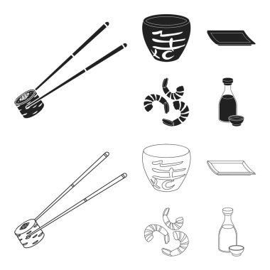 Sopa, karides, substrat, kase. Suşi toplama simgeler siyah, anahat stili vektör simge stok çizim web içinde ayarla..