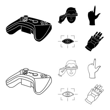 Sanal, gerçeklik, kask, bilgisayar, teknoloji. Sanal gerçeklik toplama simgeler siyah, anahat stili vektör simge stok çizim web içinde ayarla..