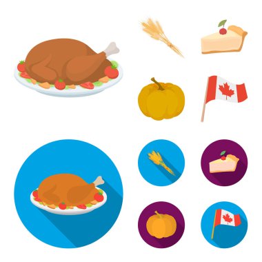 Spike buğday, bir dilim pasta ile kızılcık, kabak, ulusal bayrak. Kanada Şükran günü toplama simgeler çizgi film, düz stil vektör simge stok çizim web ayarla..