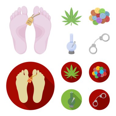 Kenevir yaprak, ecstasy hap, kelepçe, bong. İlaç toplama simgeler çizgi film, düz stil vektör simge stok çizim web ayarla..