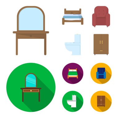 Bir yatak, bir koltuk, bir tuvalet, bir dolap. Furniturefurniture çizgi film, düz stil vektör simge stok çizim web simgeler ayarla.