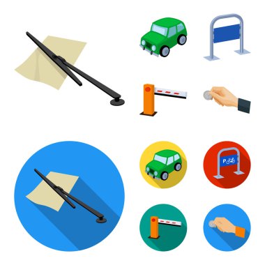 Araban, bariyer, Bisiklet park yeri, para el için ödeme Park. Buraya park edilmez toplama simgeler çizgi film, düz stil vektör simge stok çizim web ayarla..