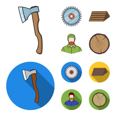 Daire gördüm, bir çalışma marangoz, günlükleri bir yığın. Kereste ve ahşap çizgi film, düz stil vektör simge stok çizim web simgeler ayarla.