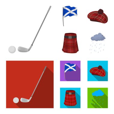 Bayrak, İskoç eteği, yağışlı hava, cap. İskoçya ülke toplama simgeler çizgi film, düz stil vektör simge stok çizim web ayarla..