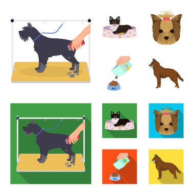 Bir tembel, bir namlu bir hayvan, bir besleme ile bir kase, çoban köpeği dişlerini bir top ile bir köpek. Evcil Hayvan, köpek bakım toplama simgeler çizgi film, düz stil vektör simge stok çizim web ayarla.