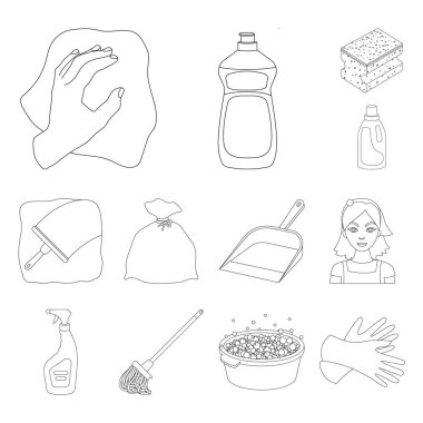 Temizlik ve hizmetçi set koleksiyonu tasarım için simgeleri anahat. Vektör simge stok web illüstrasyon Temizleme için donatım.