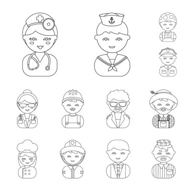 Farklı mesleklerden insanlar set koleksiyonu tasarım için simgeleri anahat. İşçi ve uzman sembol stok web illüstrasyon vektör.