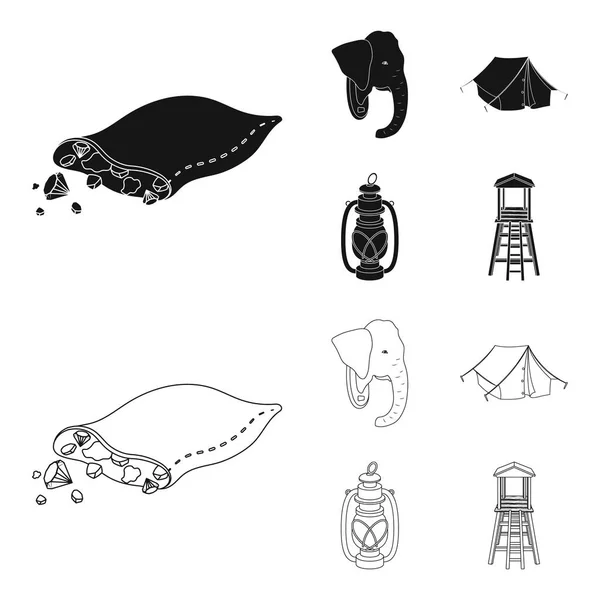 Алмазный мешок, голова слона, керосиновая лампа, палатка. Африканское сафари набор значков коллекции в черном, очертания стиль векторных символов фондового иллюстрации веб . — стоковый вектор