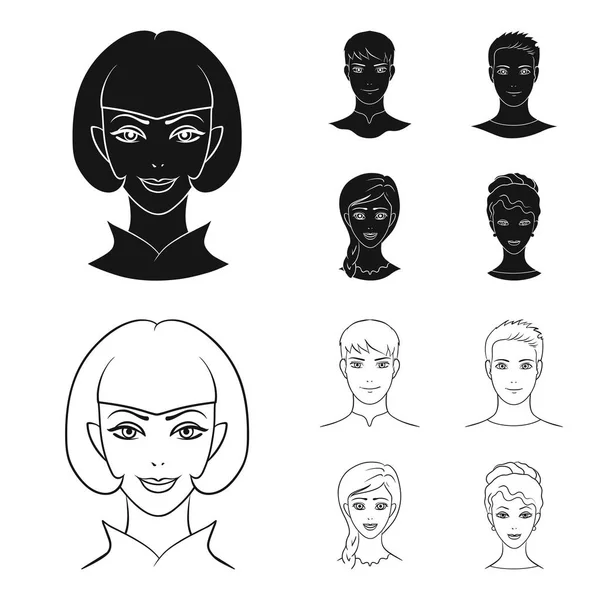 Différents regards de jeunes personnes.Avatar et le visage ensemble icônes de la collection en noir, contour de style vectoriel symbole illustration web . — Image vectorielle