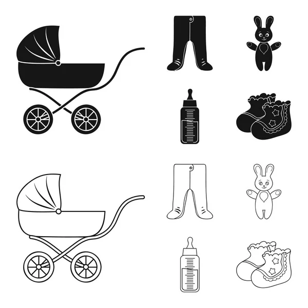 Barnvagn, flaska med en napp, Leksak, reglagen. Född baby set samling ikoner i svart, disposition stil vektor symbol stock illustration web. — Stock vektor