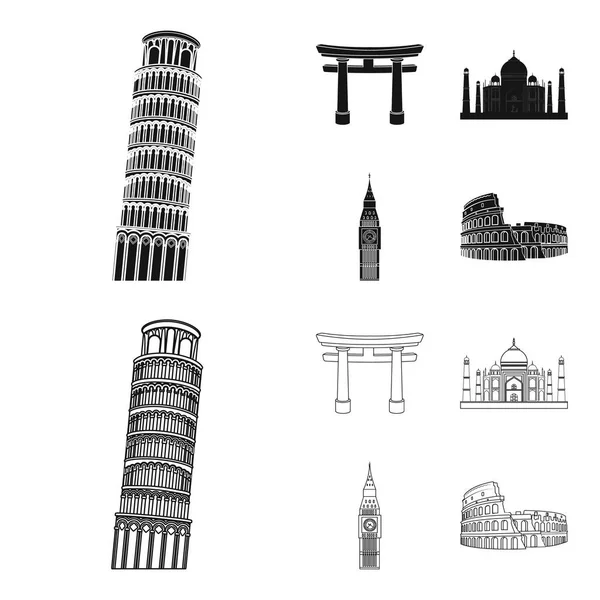 Sehenswürdigkeiten verschiedener Länder schwarz, umreißen Symbole in Set-Kollektion für Design. berühmte Gebäude Vektor Symbol Stock Web-Illustration. — Stockvektor