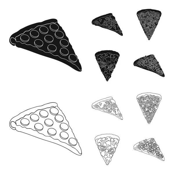 Une tranche de pizza avec différents ingrédients. Différentes icônes de collection de pizza en noir, contour style vectoriel symbole illustration web . — Image vectorielle