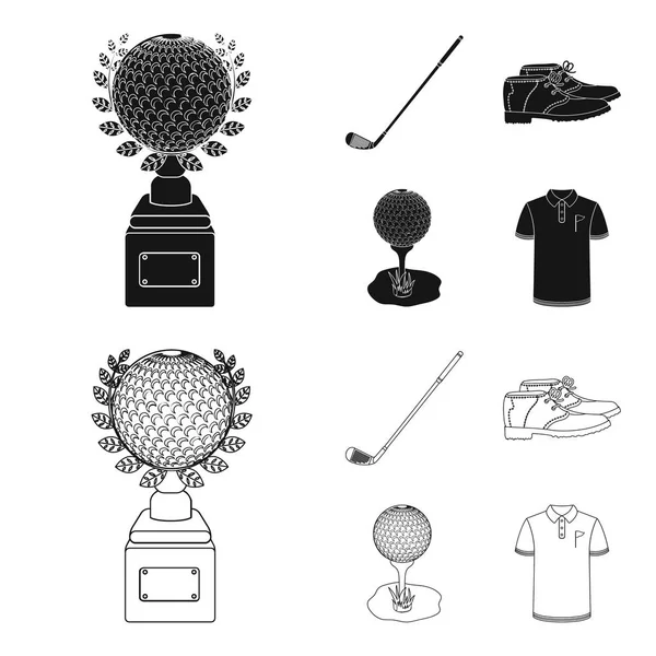 Kupa, golf club, labda, a stand, golfozó cipő. Golf club szett gyűjtemény ikonok fekete, vázlat stílusú vektor stock illusztráció web szimbólum. — Stock Vector