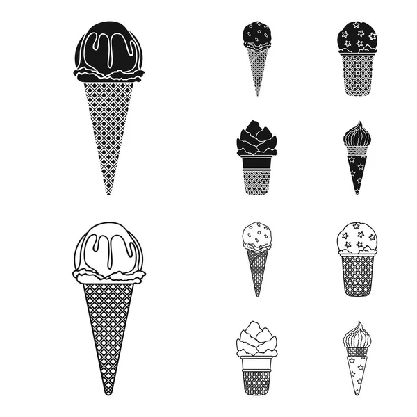 Fagylalt a bottal, egy waffle kúp és más fajok. Ice cream készlet gyűjtemény ikonok-ban fekete, vázlat stílusú vektor stock illusztráció web szimbólum. — Stock Vector