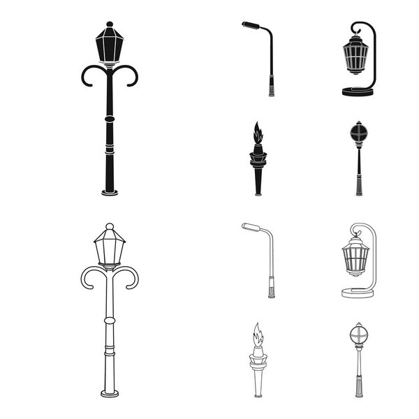 Lamppost in retro style,modern lantern, torch and other types of streetlights. Lamppost set collection icons in black,outline style vector symbol stock illustration web.
