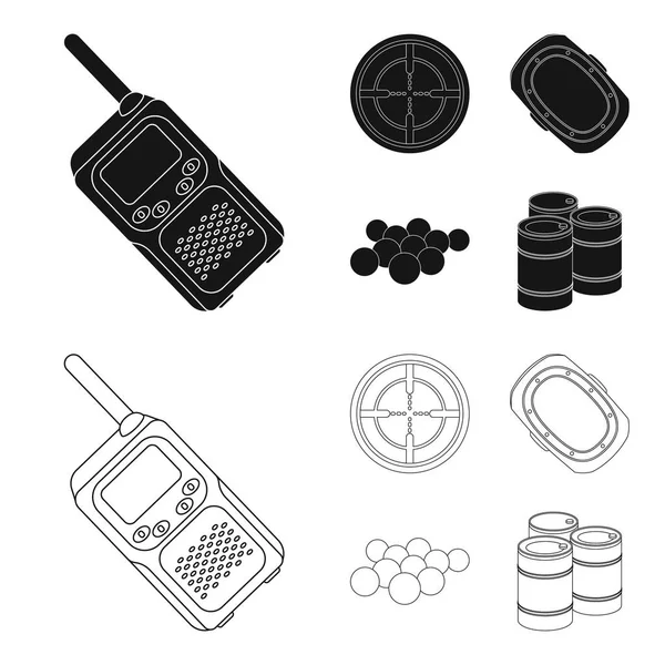 Kuličky s barvou a dalších zařízení. Jedna ikona paintball v černé, osnovy styl vektor symbol akcií ilustrace web. — Stockový vektor